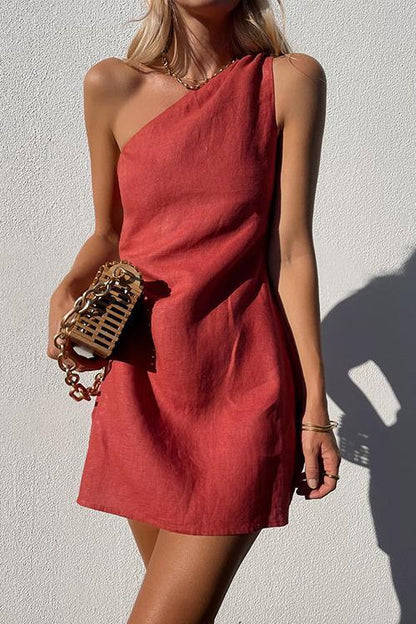 loveedsTM- Minimalism One Shoulder Linen Mini Dress