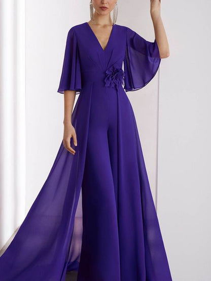 V-neck Solid Color Jumpsuit