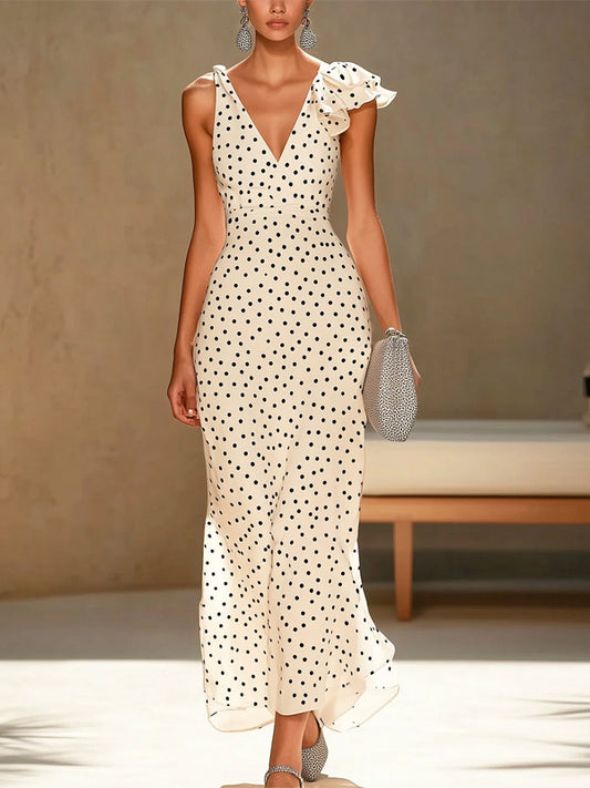 White Polka Dot Sleeveless Bodysuit Midi Dress