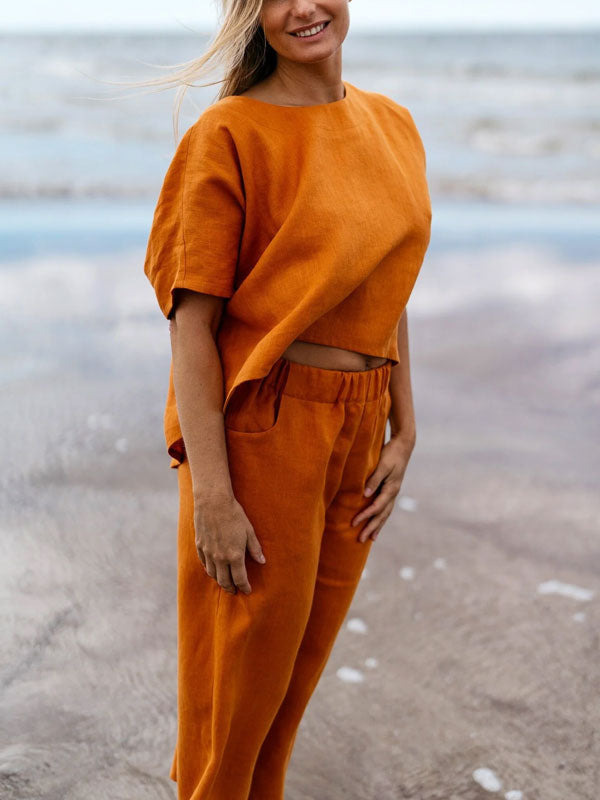 Casual Simple Solid Color Cotton Linen Women's Sets