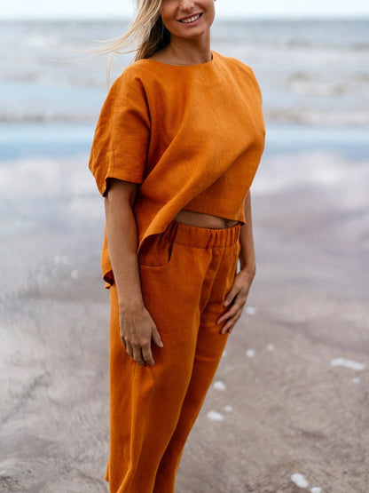 Casual Simple Solid Color Cotton Linen Women's Sets
