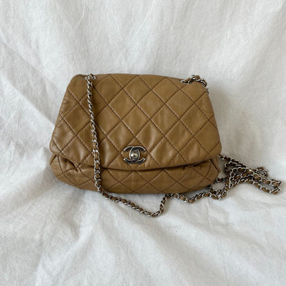 Chanel Tan Quilted Leather Flap Bag With Silver Hardware
