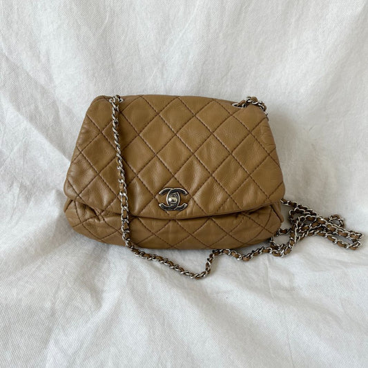 Chanel Tan Quilted Leather Flap Bag With Silver Hardware