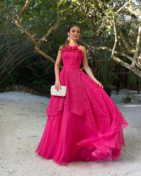 Pink Fashion Elegant Exquisite Lace Strap Long Tulle Ball Gown Evening Dress Wedding Guest Party Dress gh3362