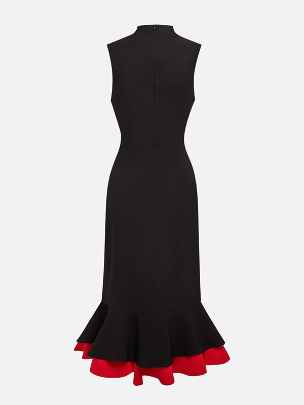 Elegant Color Block Split Joint Stand Collar Midi Dress
