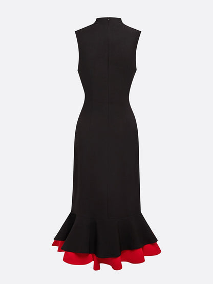 Elegant Color Block Split Joint Stand Collar Midi Dress