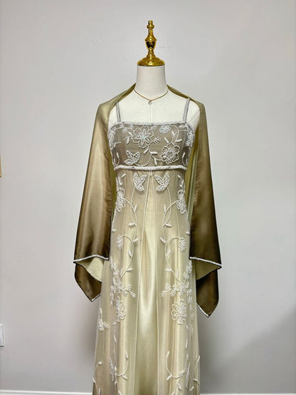 Champagne color gorgeous retro gradient exquisite beaded long elegant tulle ball gown evening dress party dress prom dress gh3192