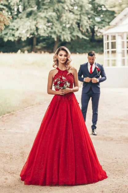 Red Halter Applique Beaded Long Prom Dresses