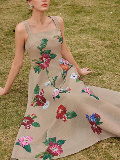 Camisole Linen Positioned Floral Printed Boutonniere Dress