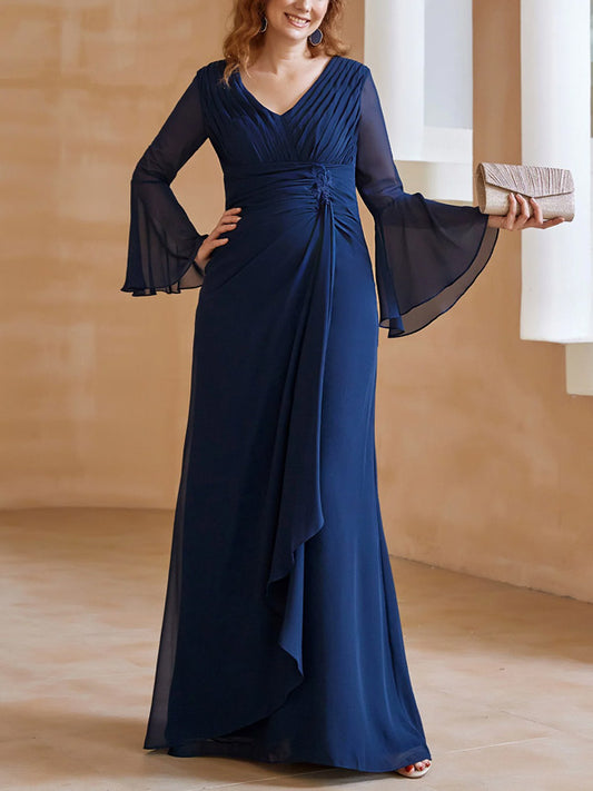 V Neck Pleated Floor-Length Dress