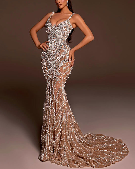 Luxurious Crystal Embellished Pearl Gown