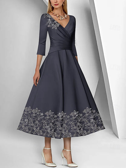 V-neck Satin 3/4 Sleeves Lace Ruffle Sequins Maxi Dress