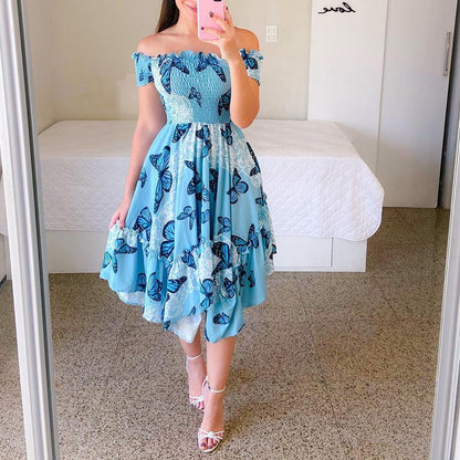 loveedsTM-Sexy Off The Shoulder Tube Top Dress Butterfly Rainbow Floral Print Dress Ladies Elegant Slim Summer Bohemian Party Maxi Dresses