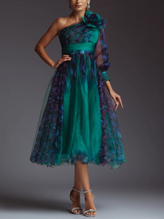 Off-shoulder Mesh Print Midi Dress