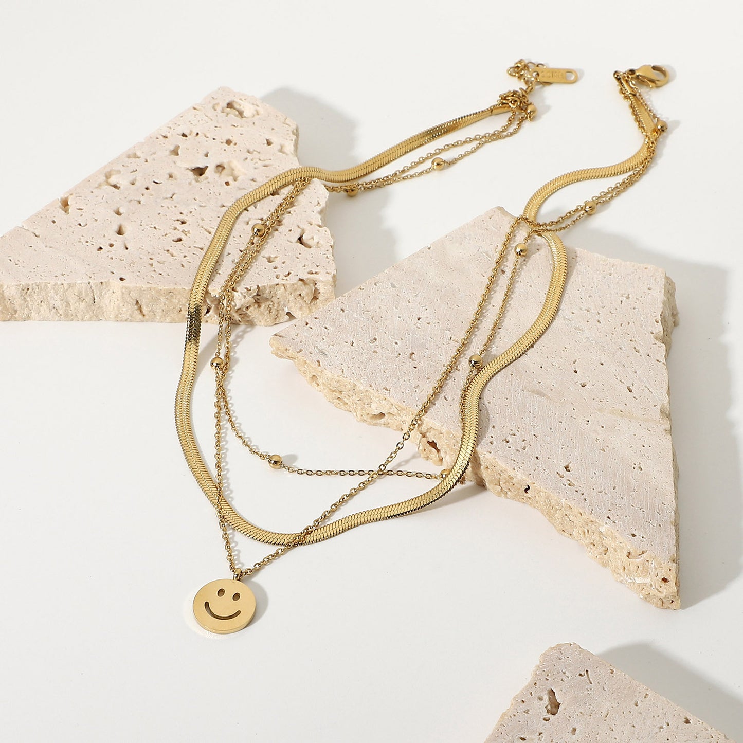 Three Layers Snake Chain Smiley Pendant Necklace