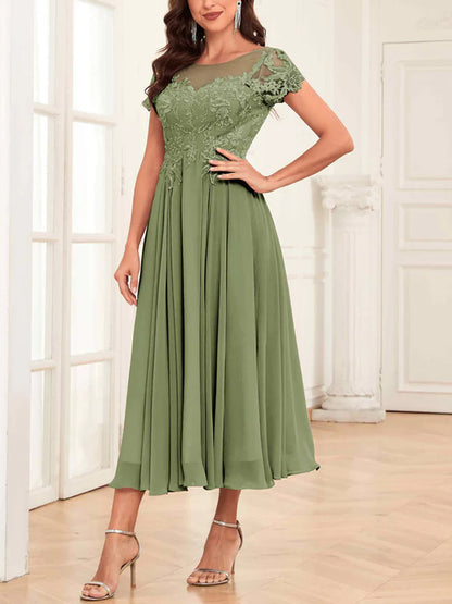Round Neck Solid Color Short Sleeve Lace Midi Dress