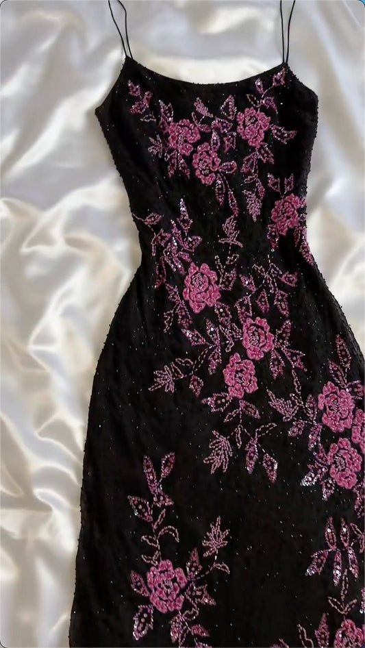 Black Retro Elegant A-line Strap Long Lace prom dress Evening Dress Birthday Party Dress gh3154