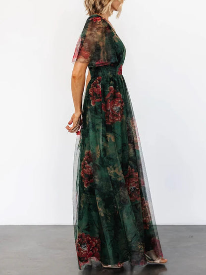 Short Sleeve Elegant Mesh Print Maxi Dress