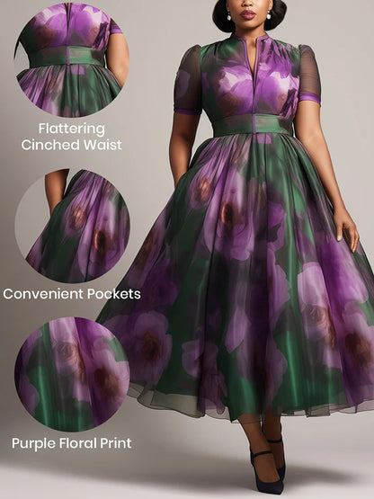 Wedding Guest Purple Floral Round Neck Short Sleeve Pocket Organza Maxi Dresses