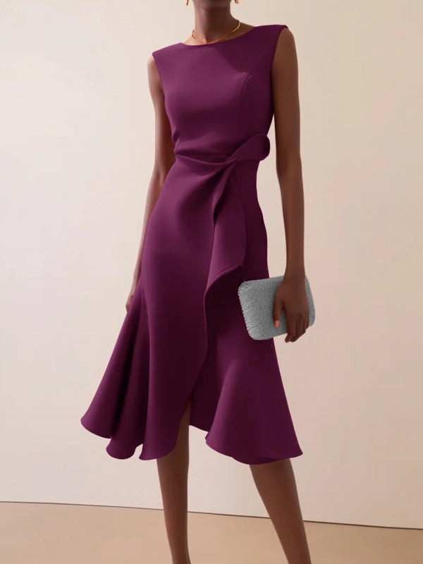 Ruffled Classic Boat Neck Sleeveless Midi Elegant A-line Dress with Waist Twist for Day-to-Night