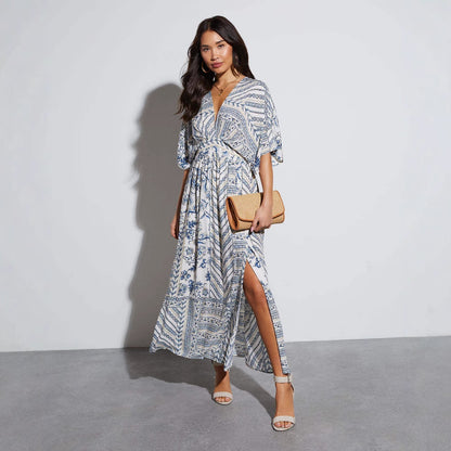 loveedsTM-Spring and summer printed long short-sleeved printed V-neck dress