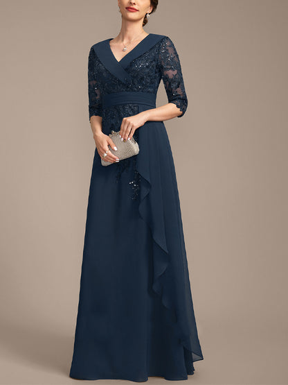 V-Neck Lace Sequins Maxi Dress