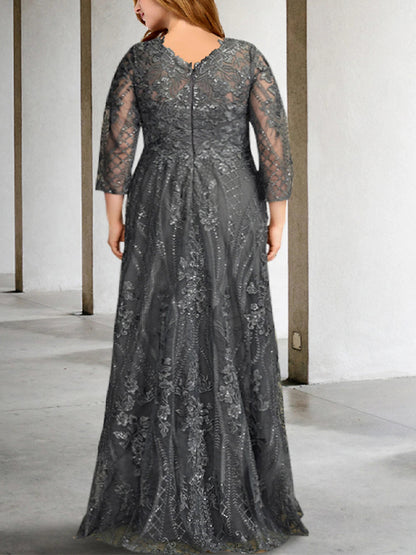 Plus Size Round Neck Lace Solid Color Maxi Dress