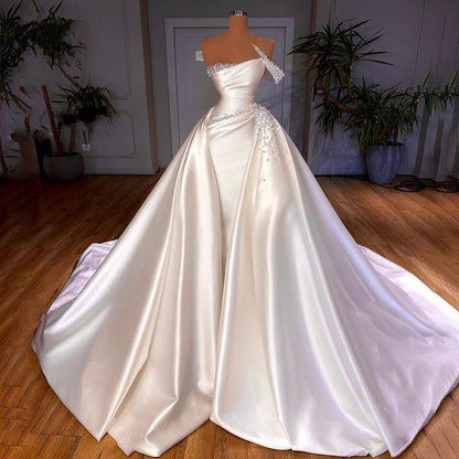 PM560,Fabulous One Shoulder White Satin Wedding Dresses, Pearl Beading Overskirt Bridal Gown On Sale