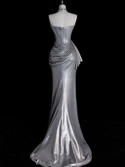 Silver Gorgeous Shimmer Slim Fit Long Satin Prom dress Evening Dress Party Dress gh4967