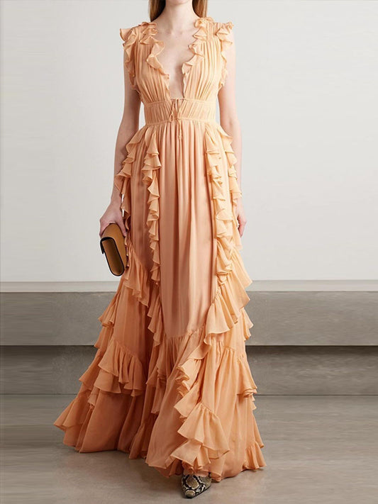 Orange V-neck Sleeveless Solid Color Maxi Dress