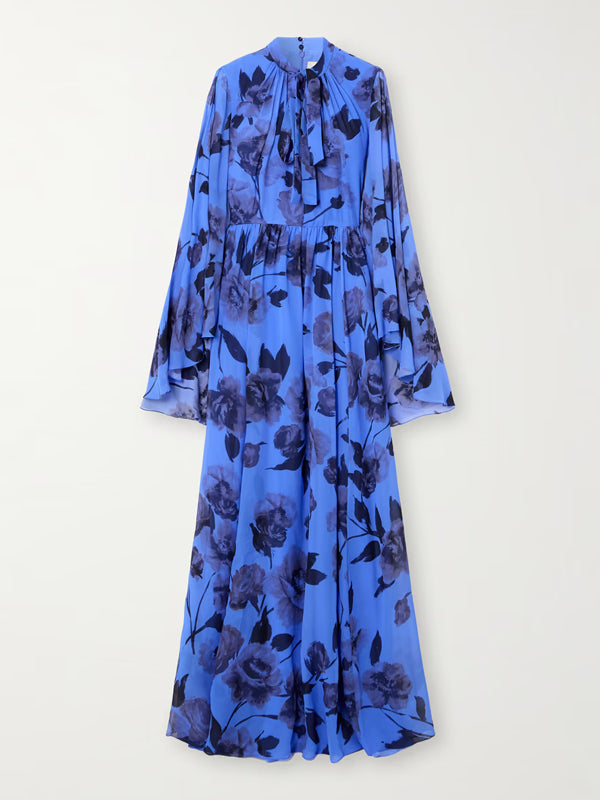 Pussy-bow Gathered Floral-print Silk-voile Gown