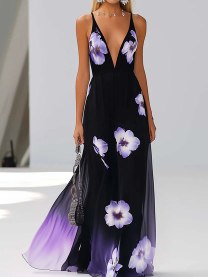 Chiffon Maxi Dress With Trendy Purple Gradient Flowers