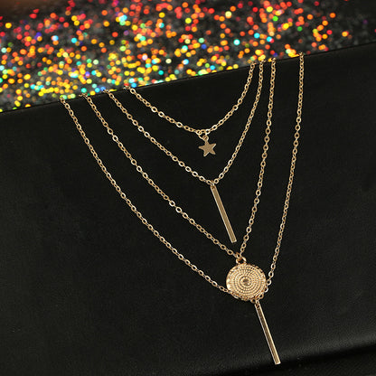 Copper Bead Chain Sequin Metal Leaf Multilayer Necklace