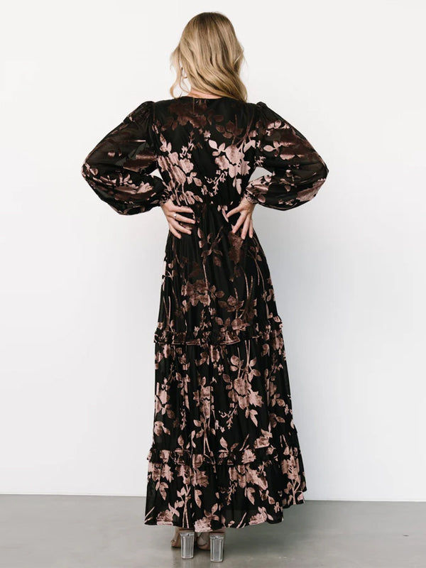 V-neck Corduroy Print Maxi Dress