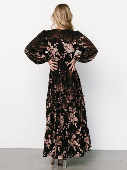 V-neck Corduroy Print Maxi Dress