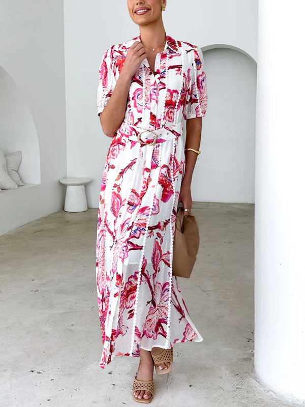 Chiffon Printed Temperament Lace-up Women's Dress