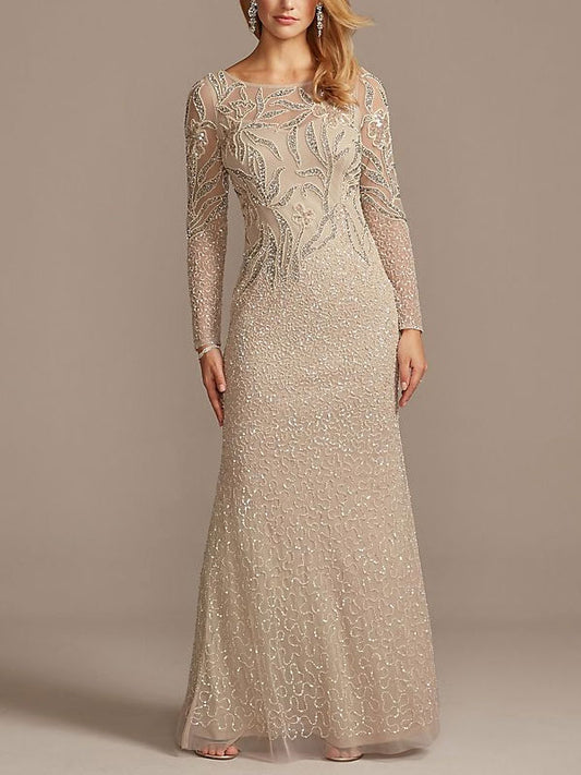Beaded Scoopneck Illusion Long Sleeve Sheath Dress