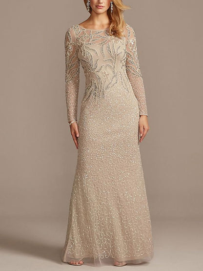 Beaded Scoopneck Illusion Long Sleeve Sheath Dress