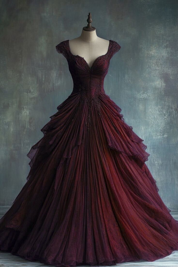 Burgundy A Line Straps Beaded Ruffle Tulle Prom Dress Evening Dress SH2427