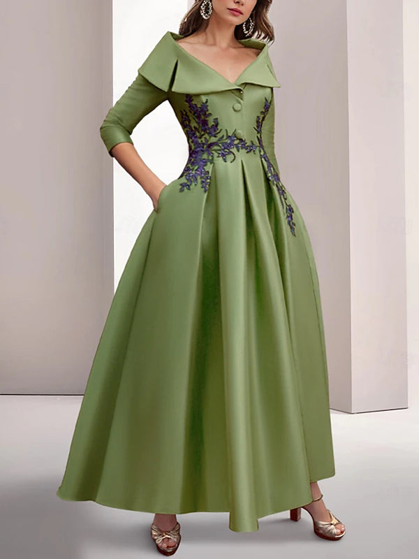 Elegant Embroidered Vintage Satin Women's Dress