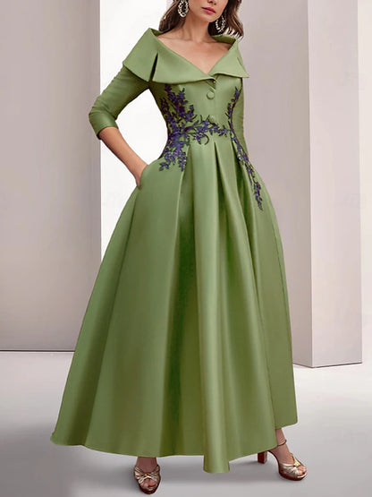 Elegant Embroidered Vintage Satin Women's Dress
