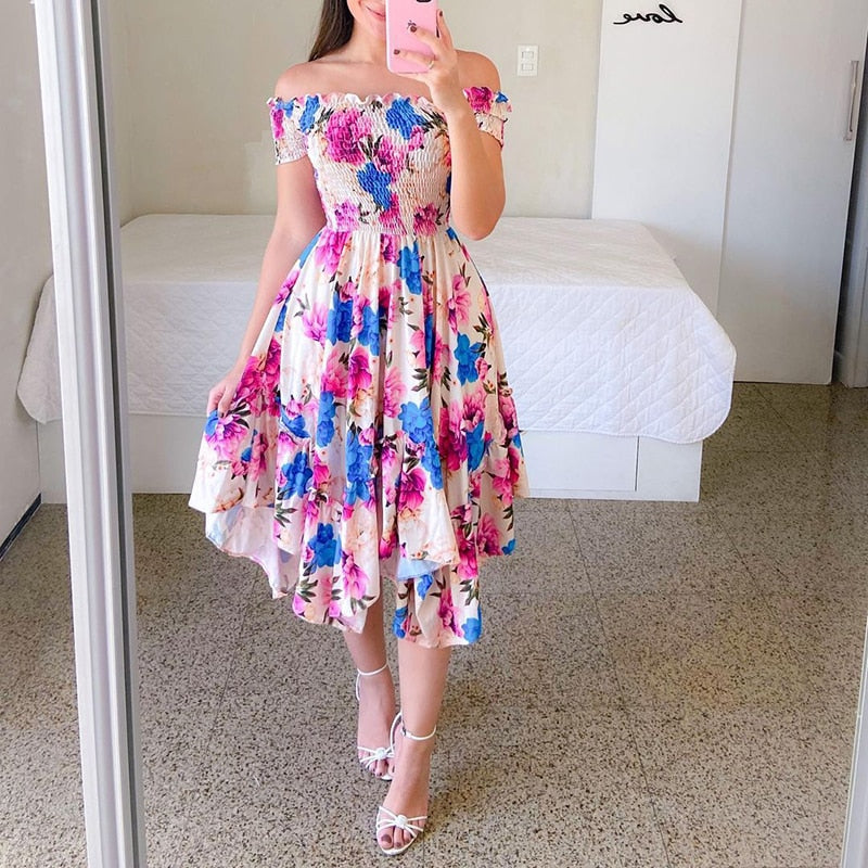 loveedsTM-Sexy Off The Shoulder Tube Top Dress Butterfly Rainbow Floral Print Dress Ladies Elegant Slim Summer Bohemian Party Maxi Dresses