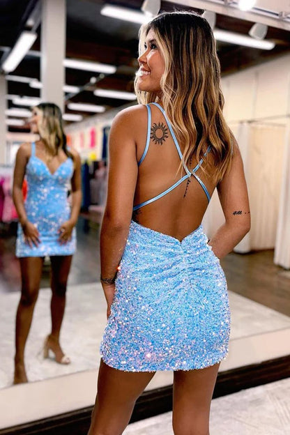 Girls Blue Sequin Sparkle Homecoming Dresses Bodycon V-Neck Tight Hoco Dress