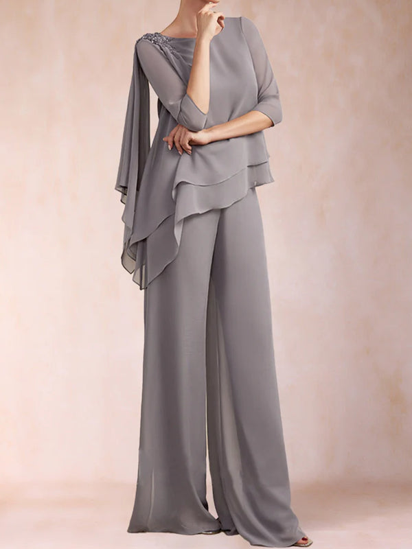 Chiffon Scoop 3/4 Sleeves 2 Pieces Ruched Pantsuits with Rhinestone