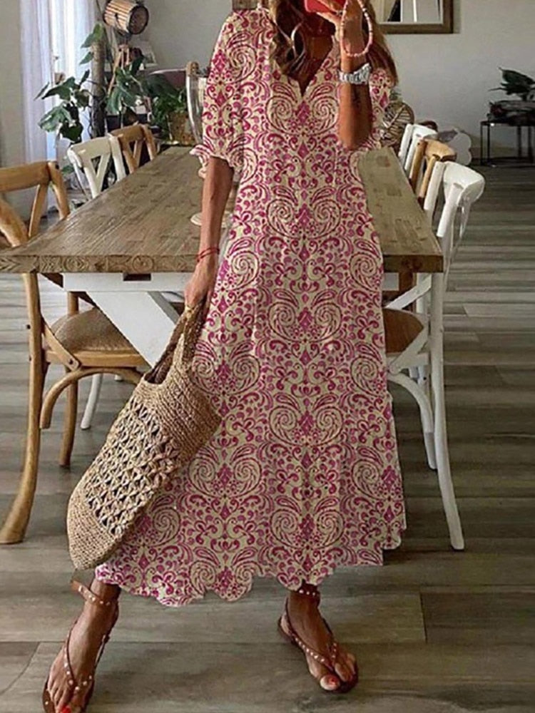 loveedsTM-Summer Fashion Floral Print Holiday Long Dress Casual Loose Drawstring Half Sleeve Dress Women V Neck Chic Ruffled Boho Dresses