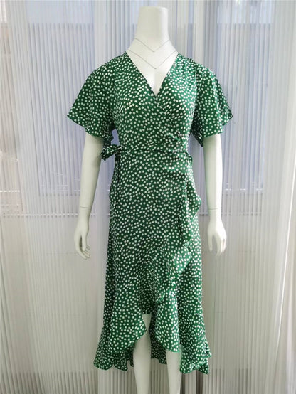 loveedsTM-Red Dot Print Boho Long Chiffon Summer Beach Elegant Midi Women's Dress Floral V-Neck Folds Ruffles Wrap Dresses Split Vestidos