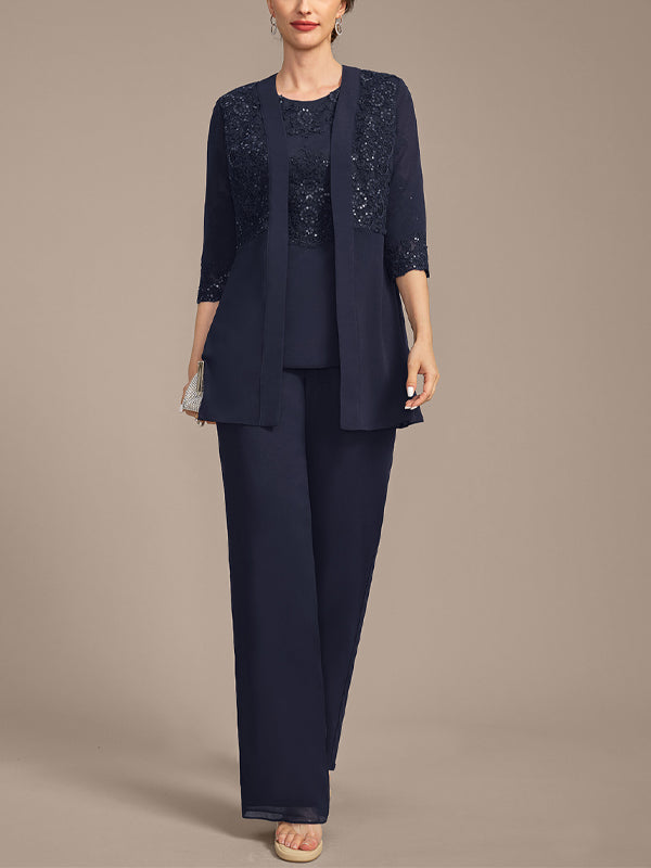 Round Neck Lace Solid Color Chiffon Top And Trousers Three-Piece Suit