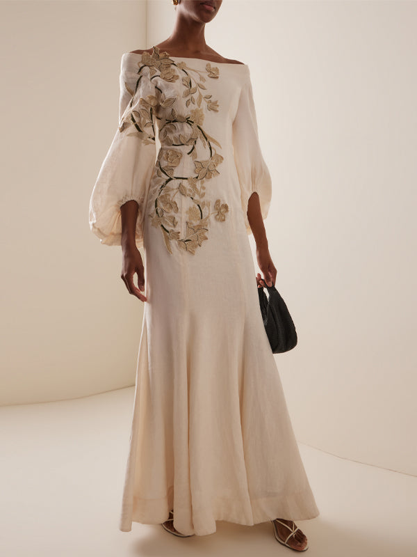 Off-shoulder Embroidery Maxi Dress