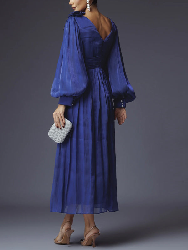 Solid Color Three-Dimensional Flowers Midi Dress