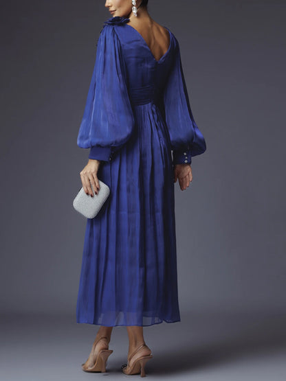 Solid Color Three-Dimensional Flowers Midi Dress